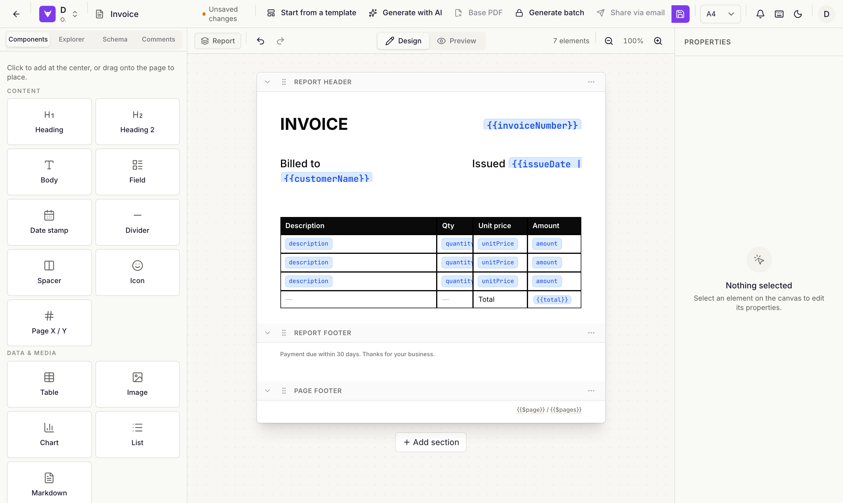 The Paperwright designer, with an invoice template open